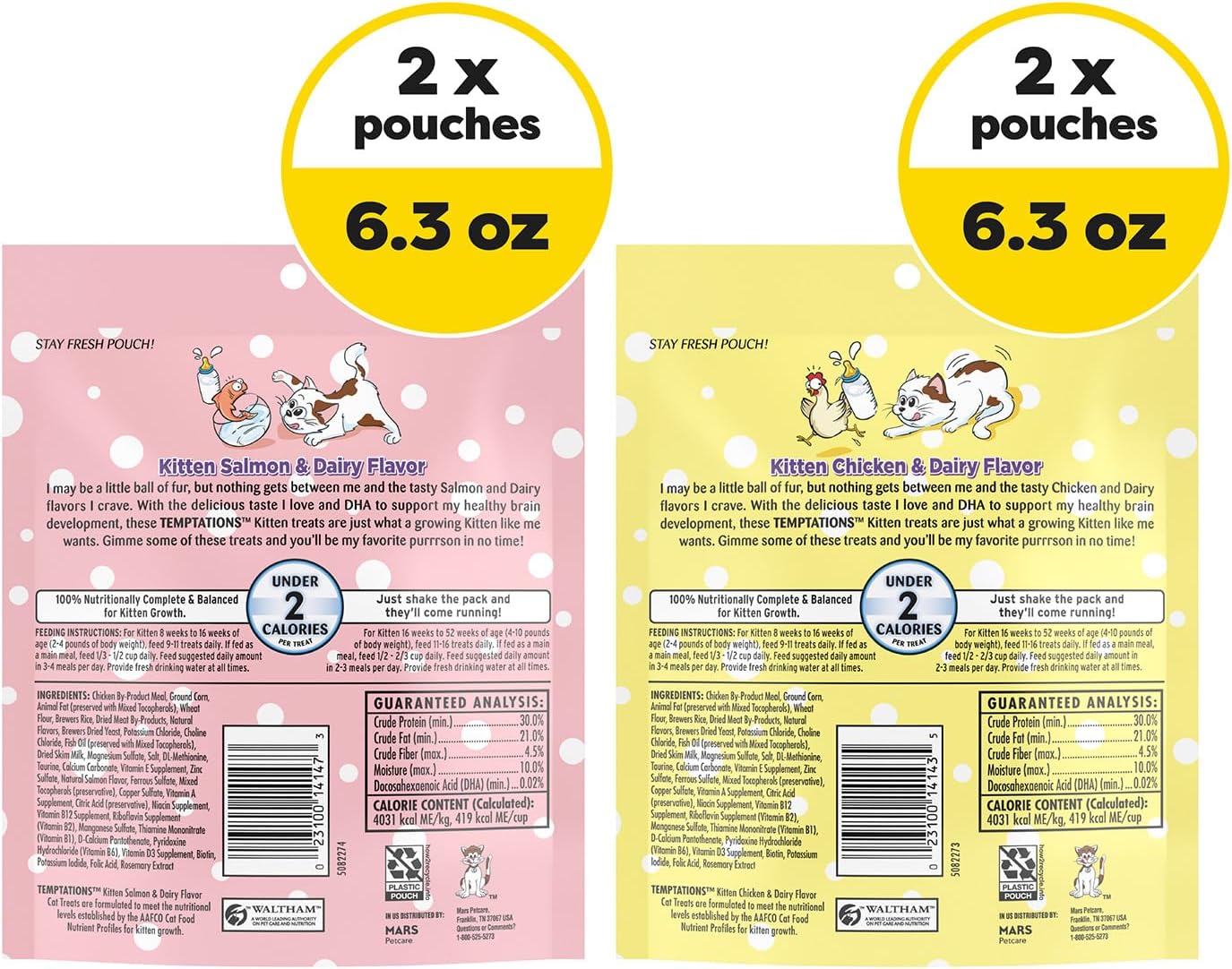 Temptations Kitten Crunchy and Soft Treats Chicken and Dairy and Salmon and Dairy Variety Pack, 6.3 oz. Pouches (Pack of 4)