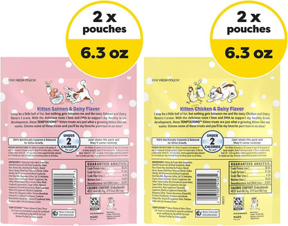 Temptations Kitten Crunchy and Soft Treats Chicken and Dairy and Salmon and Dairy Variety Pack, 6.3 oz. Pouches (Pack of 4)