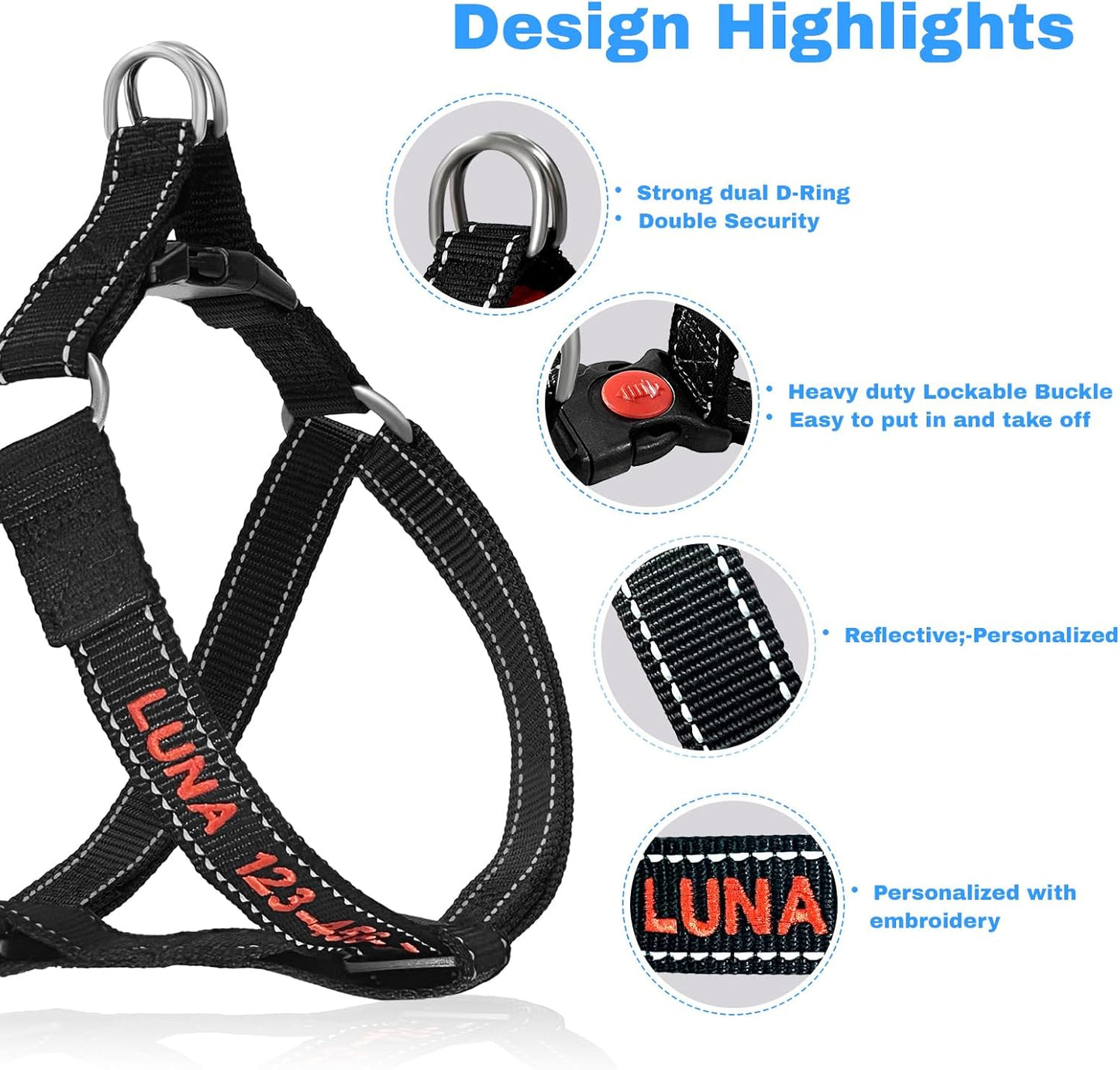 Personalized Dog Harness - Custom No Pull Pet Harness with Name and Phone Number - Adjustable Dog Vest with Reflective Strips