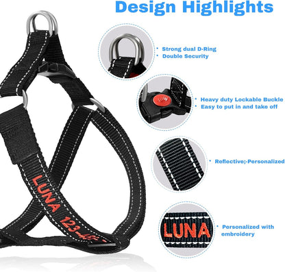 Personalized Dog Harness - Custom No Pull Pet Harness with Name and Phone Number - Adjustable Dog Vest with Reflective Strips