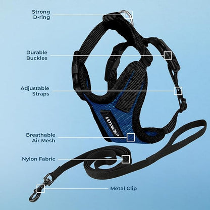 Voyager Step-in Lock Adjustable Cat Harness w. Cat Leash Combo Set with Neoprene Handle 5ft - Supports Small, Medium and Large Breed Cats by Best Pet Supplies - Royal Blue/Black Trim, XXXS