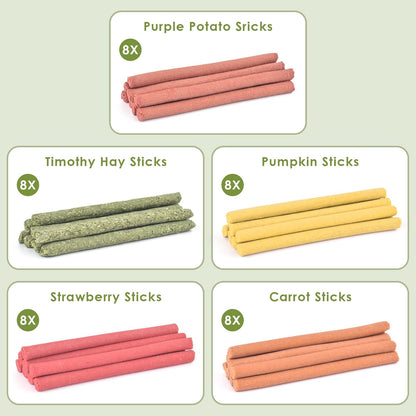 ERKOON 40Pcs Rabbit Timothy Hay Sticks, Five Flavors：PurplePotato/TimothyHay/Pumpkin/Strawberry/Carrot，Suitable Guinea Pig, Hamste, Gerbil, Chinchilla Treats, Chew Toys for Teeth for Bunnies ﻿