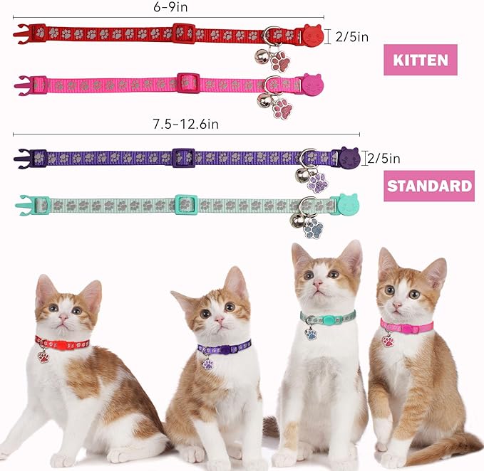 4PCS Breakaway Cat Collars,Reflective Cat Collar with Bells,Kitten Collars for Boy&Girl Cats Breakaway Collar for Cats with Paw Pendant 7.5-12.6 Inch(Purple+Hotpink+Red+Teal)