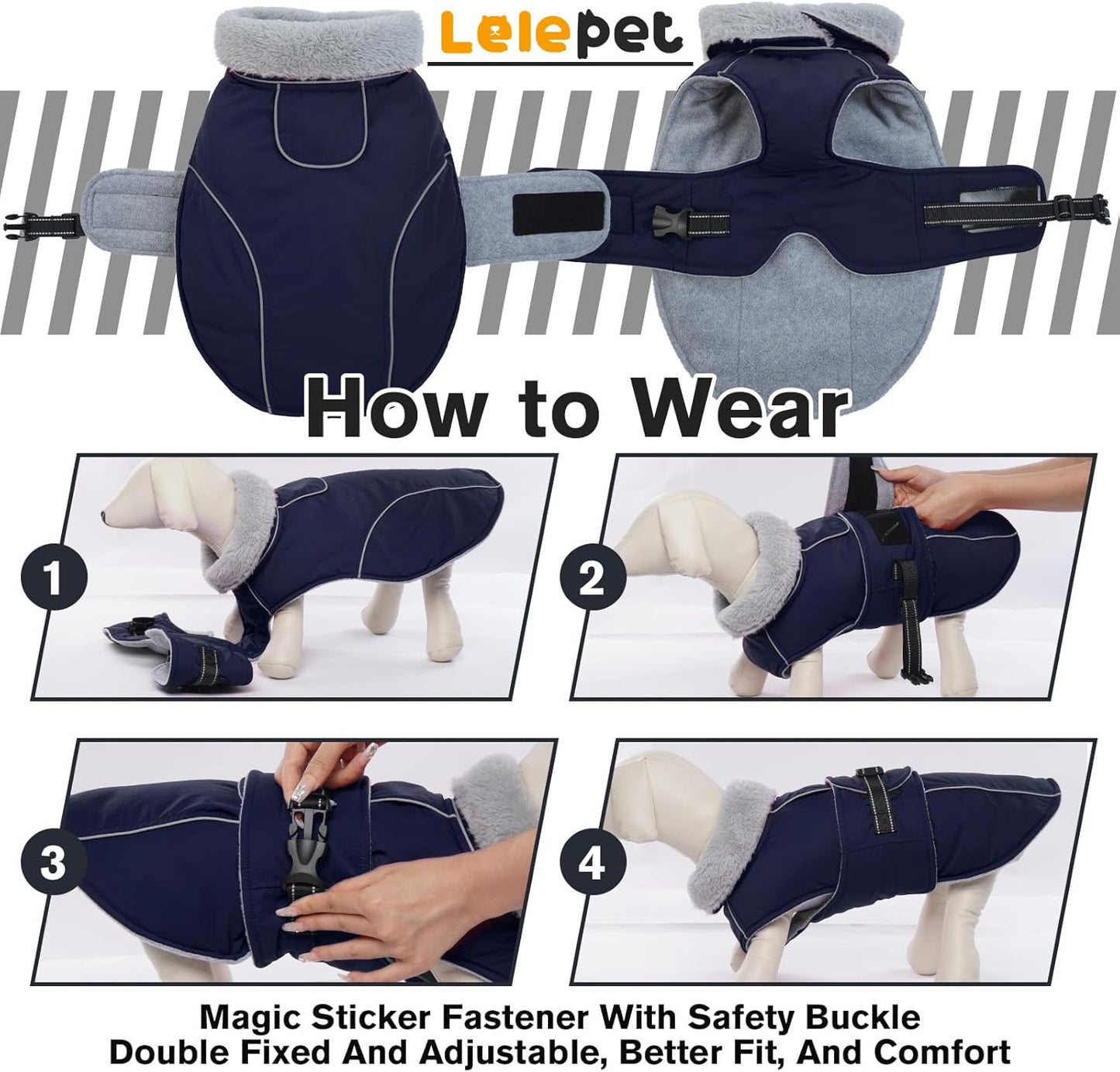 Lelepet Warm Dog Coat Waterproof Dog Jacket for Large Dogs Reflective Fleece Vest with Adjustable Buckle Hook & Loop Windproof Cold Weather Coats for Small Medium Large Dogs, Navy Blue, L