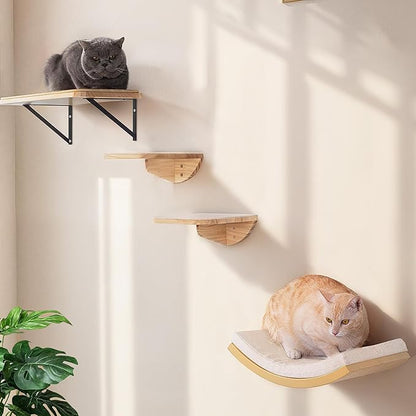 Cat Wall Shelf & Window Perch Combo, Wood Cats Wall Furniture with Soft Foam Curved Bed and Felt-Padded Steps, 4-Piece Floating Cat Climbing System