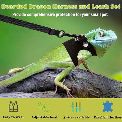 KABASI Bearded Dragon Harness Leash Set, 3 Size Adjustable Lizards Training Walking Leather Vest Escape-Proof Traction Rope for Squirrel and Other Outdoor Small Reptiles (Black)