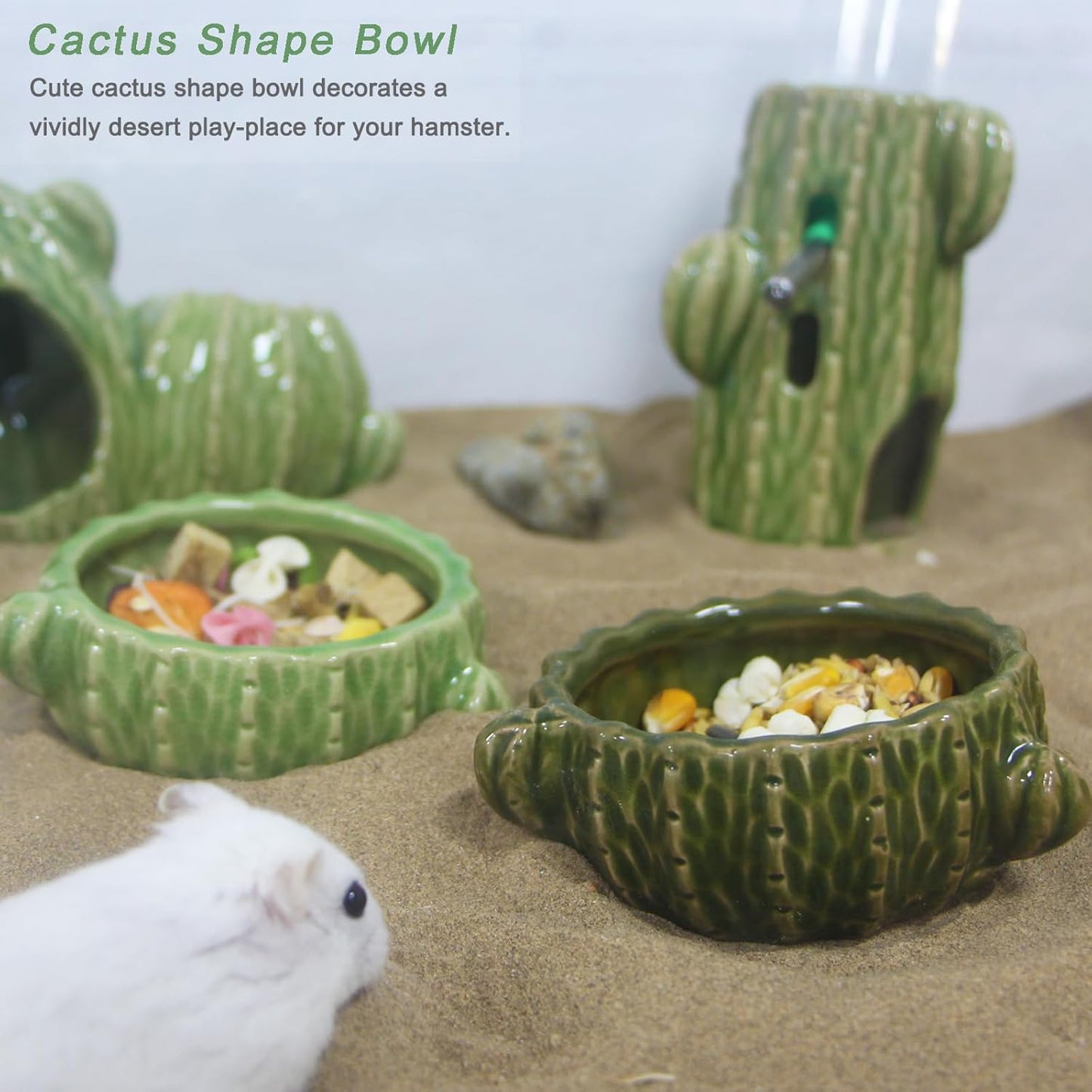 Hamster Food Bowl, 2 Packs Cactus Food & Water Bowls Ceramic Feeding Drinking Bowl Food Dish for Small Animals Gerbil Dwarf Hamster Rat Mice Guinea Pig(Green+Dark Green)