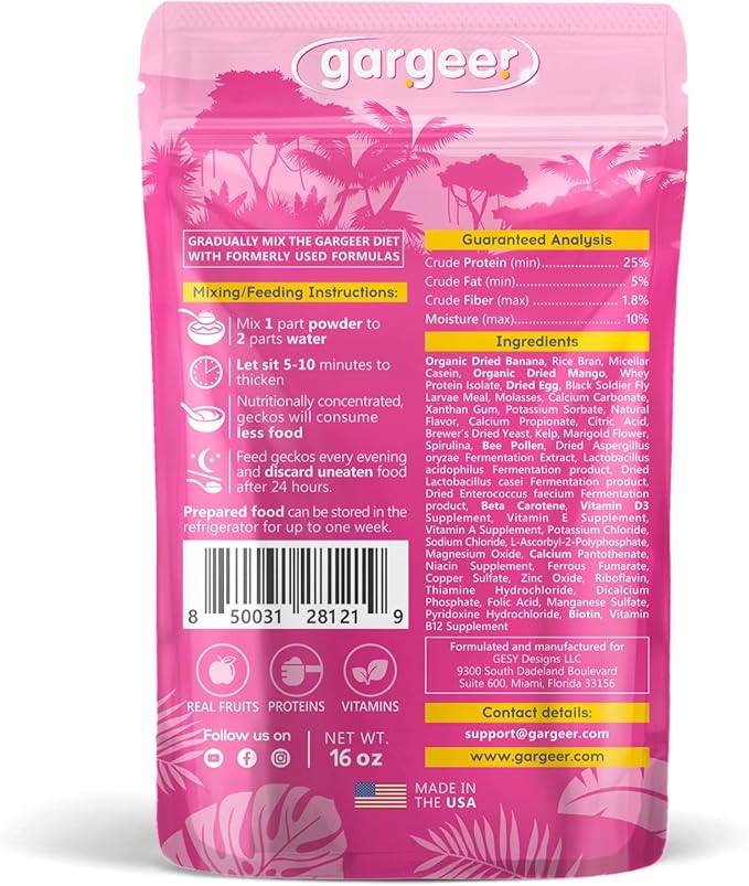 16oz Complete Crested Gecko Food Diet. Premium Ingredients Mix, Ready to Use Freshly Made Powder. Unique Superfood Formula, Developed & Made in The USA. Enjoy!