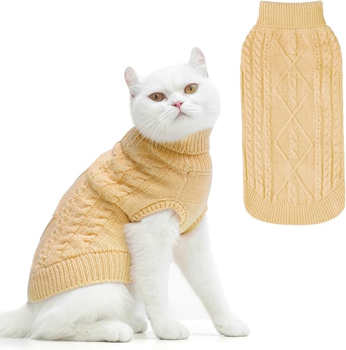 PUPTECK Winter Cat Sweater Coat - Soft Warm Cold Weather Clothes Knitwear for Kittens & Small Dogs Indoor Outdoor Wearing, Knitted Classic for Doggies Kitties Girls Boys, Beige, L