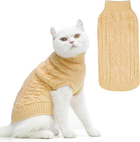 PUPTECK Winter Cat Sweater Coat - Soft Warm Cold Weather Clothes Knitwear for Kittens & Small Dogs Indoor Outdoor Wearing, Knitted Classic for Doggies Kitties Girls Boys, Beige, L