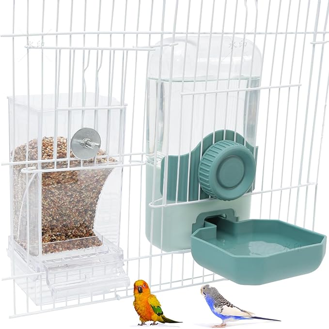 No Mess Bird Feeder Water Dispenser Set, Automatic Parrot Feeder Drinker Cage Accessories, for Parakeets, Cockatiels, Budgies, Macaws, Lovebirds, Canaries - Cage Mounted/External Hanging (Aqua)
