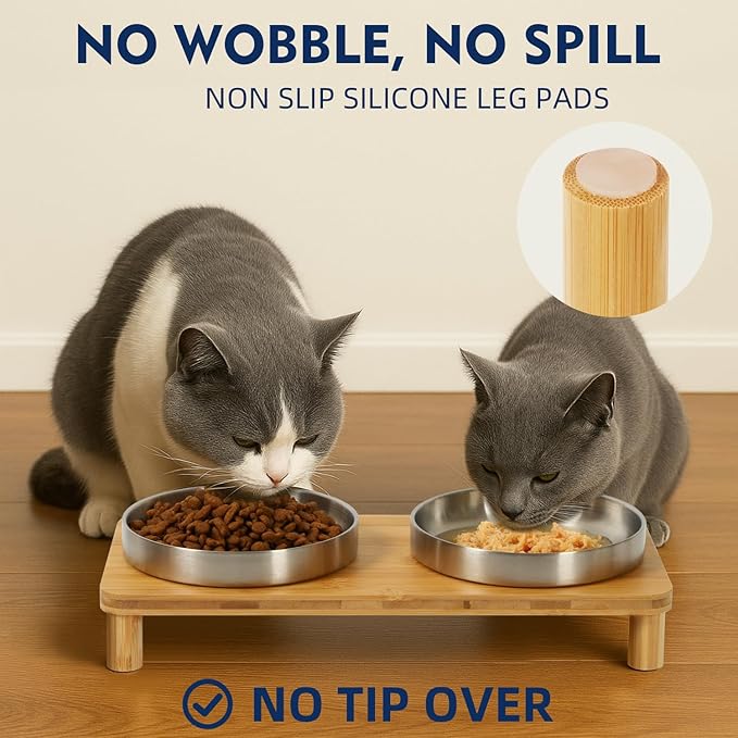 Elevated Cat Bowls for Indoor Cats – Raised Bamboo Cat Food Table with 2 Stainless Steel Dishes, Adjustable Height (4.25"/3.07"), Set of 1