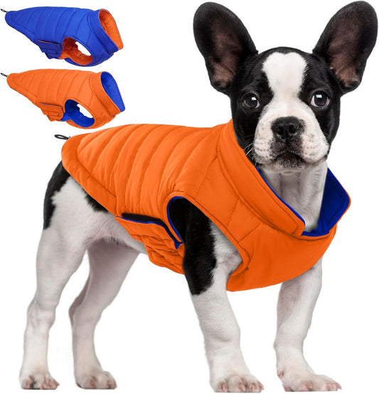 QBLEEV Reversible Dog Winter Coat, Waterproof Windproof Warm Jacket with Adjustable Hook & Loop Design, Lightweight Puffer Vest for Medium Dogs, Orange, M – Fits Pug, Beagle, Corgi