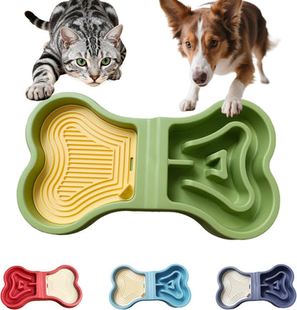 Bone Slow Feeder Bowl for Dogs Cats - 2-in-1 Lick Mat & Water Dish with 6 Non-Slip Pads, Food-Grade PP & Silicone Pet Bowl for Anti-Choking，Fun Feeding，Anxiety Relief (Green)