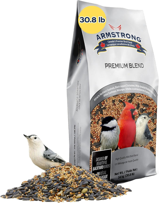 Armstrong Wild Bird Food Premium Blend, 30.8 Pounds - with White Millet, Black Oil Sunflower, Wheat, Peanuts, Striped Sunflower and Safflower for Northern Cardinals and Black-Capped Chickadees