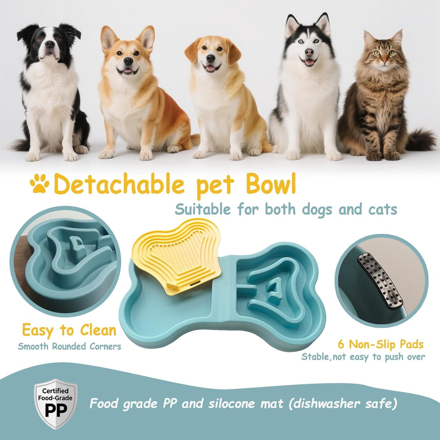Bone Slow Feeder Bowl for Dogs Cats - 2-in-1 Lick Mat & Water Dish with 6 Non-Slip Pads, Food-Grade PP & Silicone Pet Bowl for Anti-Choking，Fun Feeding，Anxiety Relief (Wathet Blue)