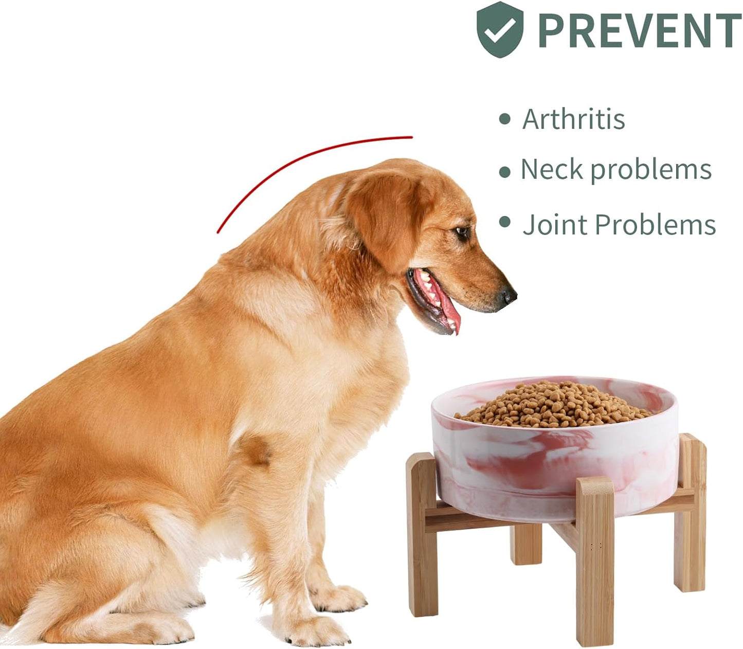 Elevated/Raised Dog Bowl Ceramic for Medium Large Sized Breed,Dog Food Water Bowl with Stand,8 in 7.6 Cups Non Slip Heavy Weighted Marble Pink