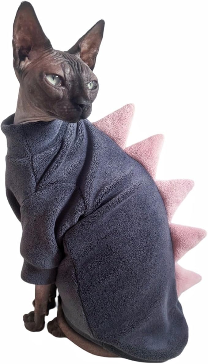 Dinosaur Sphynx Cat Clothes, Soft Polar Fleece Sweater for Cat, Elastic Pet Clothes Thick Winter Warm Outfit for Hairless Cat, Devon, Cornish, Small Dogs Apparel with Sleeves (Grey, XX-Large)