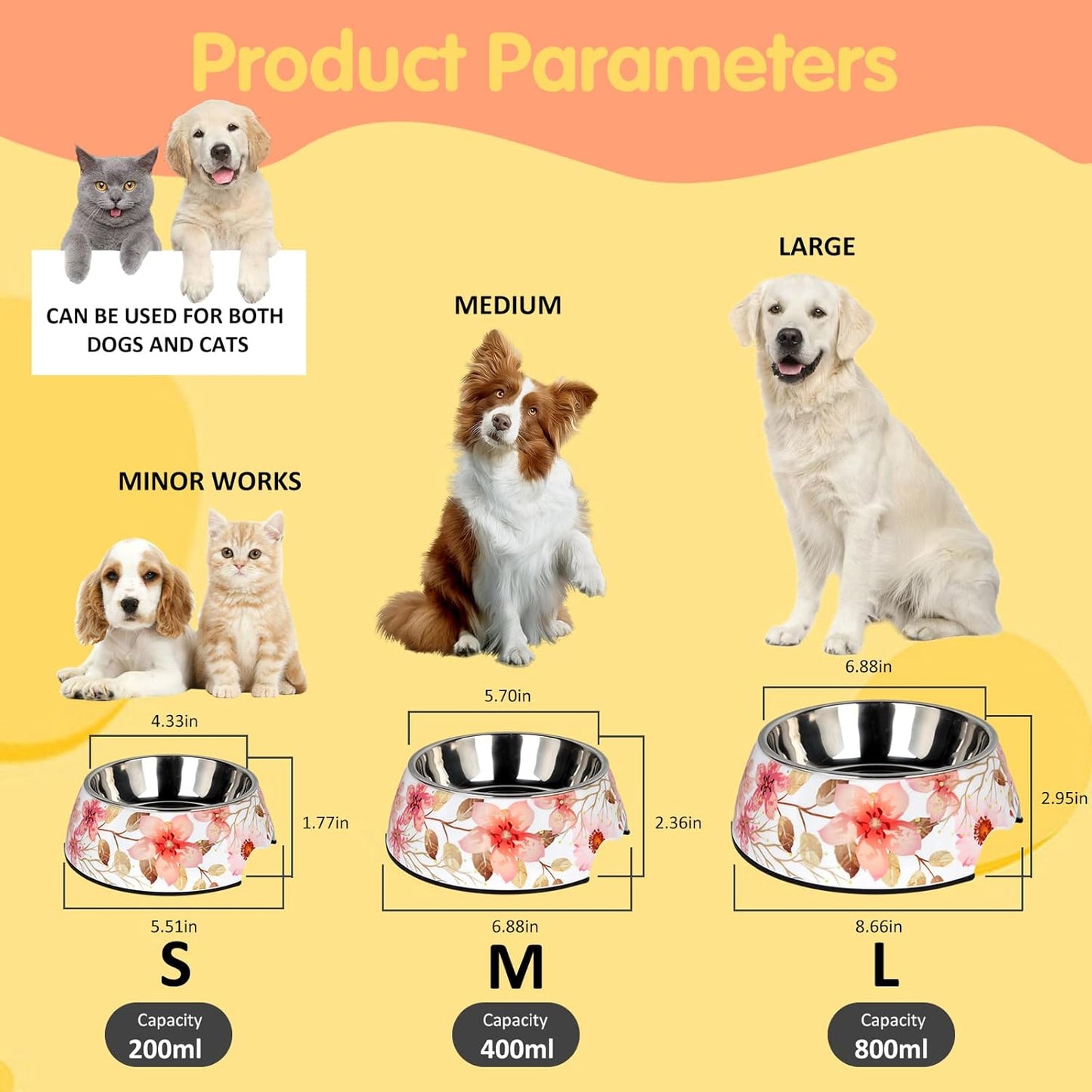 2 in 1 Food Water Bowls - Non Slip Skid Proof Heavy Duty Pet Bowls for Feeding Drinking Small Medium Large Dogs Cats Puppies (Pink Flower, L:28 OZ)