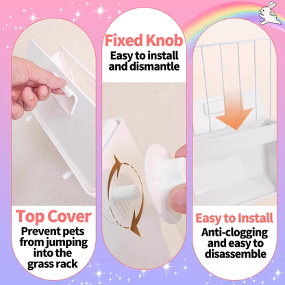 Hanging Rabbit Hay Feeder with Lid - No Waste Slow Feed Hay Rack for Rabbits, Guinea Pigs & Small Pets - Sturdy White Design, Easy to Fill & Clean, Cage Mounted Bunny Hay Holder (Set)