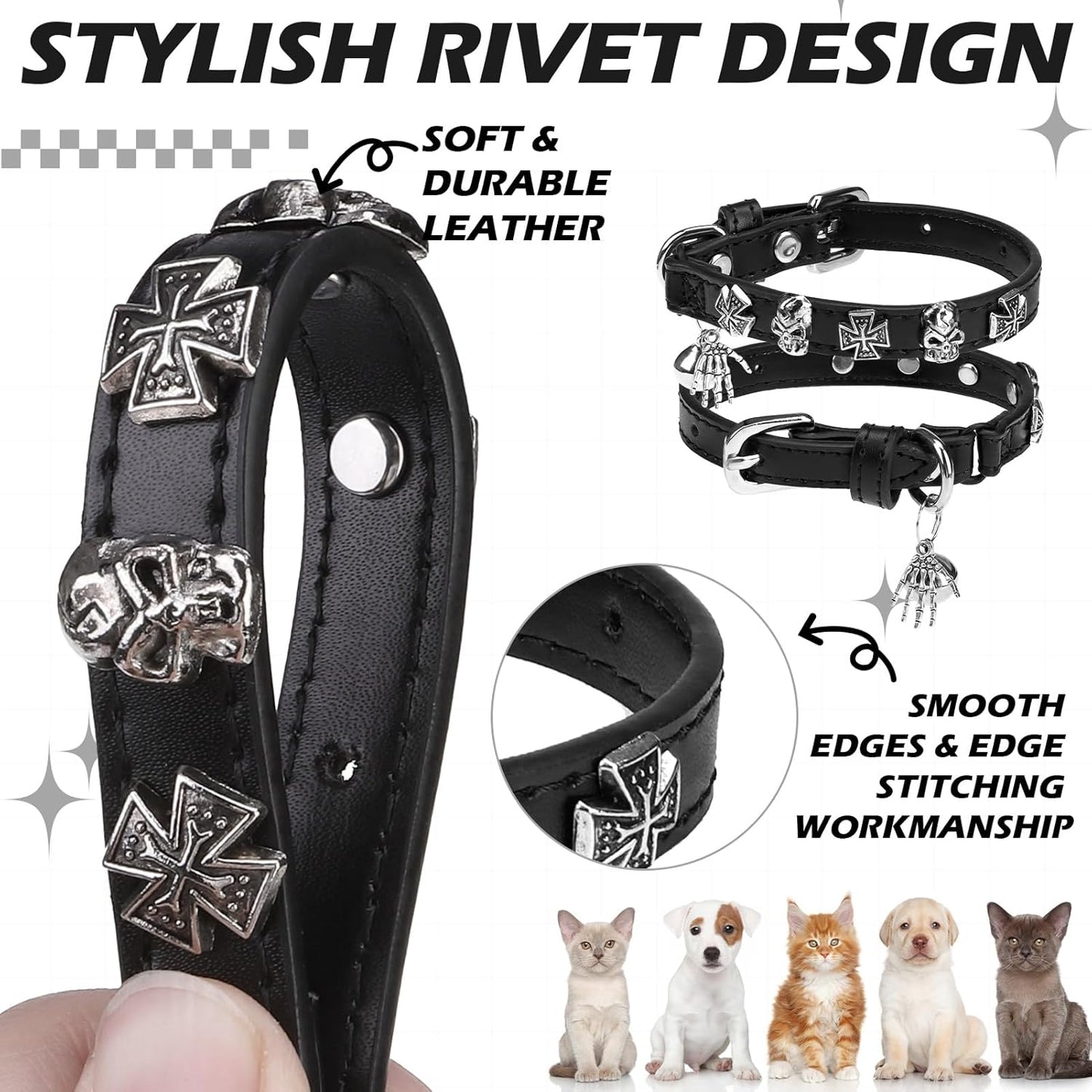 EXPAWLORER Leather Cat Collar for Girl Boy- Adjustable Pet Collar with Safety Elastic Belt,Personalized Punk Accessories Buckle Collars with Bell & Durable D-Ring, Skull(Black)