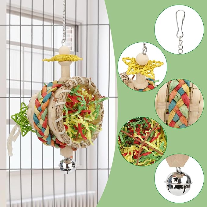 Hypeety Bird Foraging Toys Natural Seagrass Woven Basket Parrot Foraging Chewing Toy with Bell Colourful Parakeet Hanging Toys for Cockatiel Sun Parakeet Budgie Lovebirds (1 pc Woven Basket)