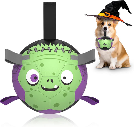 QDAN Dog Toys Ball: Dog Soccer Balls with Straps- Outdoor Herding Balls Toys for Small Medium Dogs- Halloween Puppy Pet Birthday Gifts- 6 Inch Purple Green