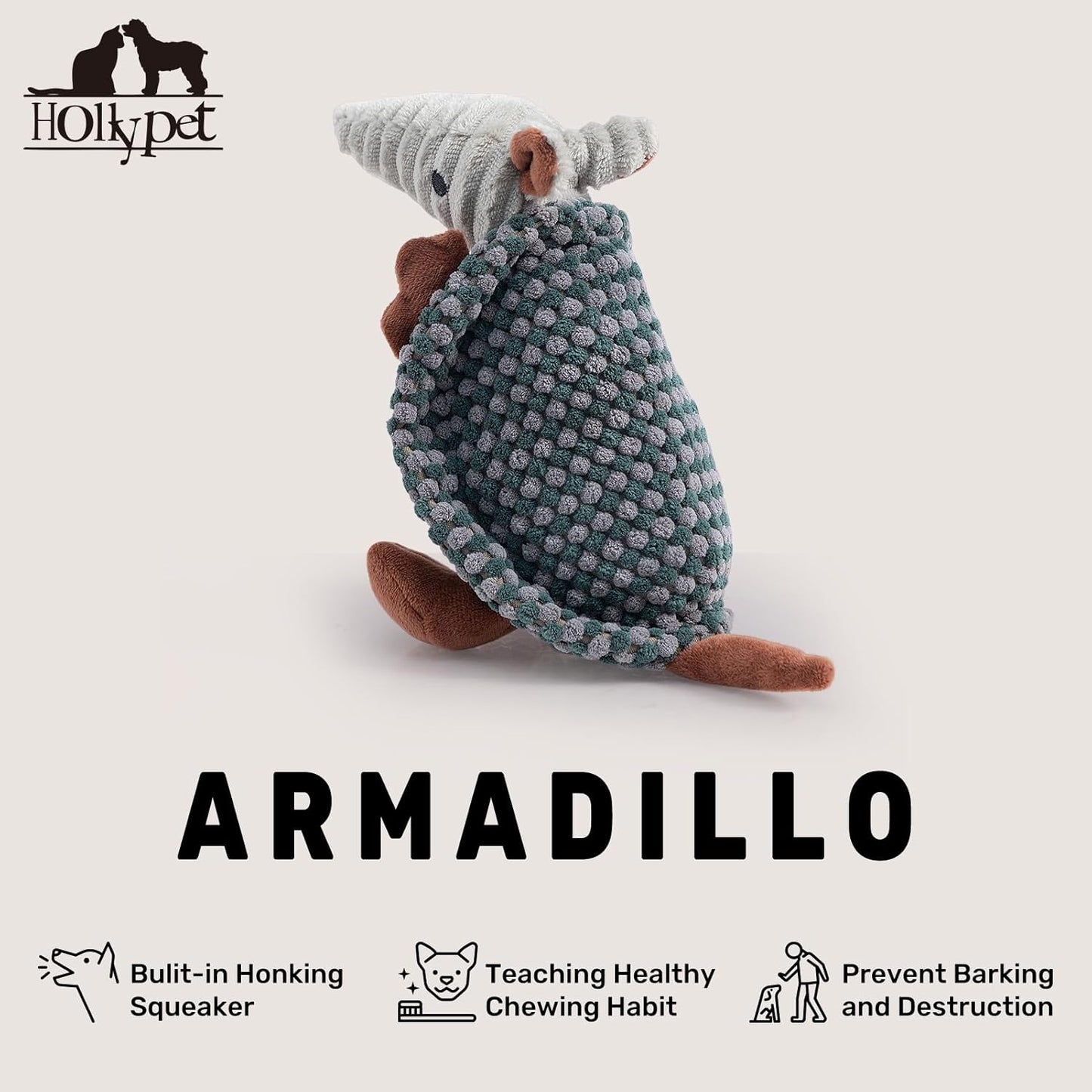 Hollypet Plush Dog Squeaky Toy Stuffed Armadillo Animal Pet Puppy Chew Toys with Clean Teeth for Small Medium Large All Breed Sizes Dogs, Light Gray and Dark Green,8 in