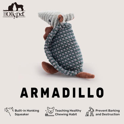 Hollypet Plush Dog Squeaky Toy Stuffed Armadillo Animal Pet Puppy Chew Toys with Clean Teeth for Small Medium Large All Breed Sizes Dogs, Light Gray and Dark Green,8 in