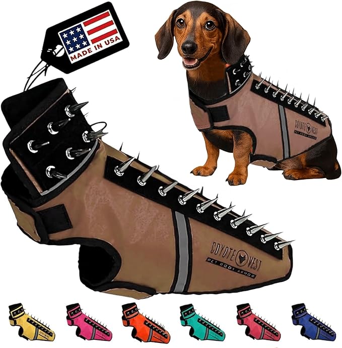 CoyoteVest SpikeVest Dog Harness Vest for Small Dogs, Reflective Dog Vest with Spikes to Shield Your pet from Coyotes, Raptor and Animal Attacks, Anti Hawk Vest, Made in USA (S-Texas Tan)
