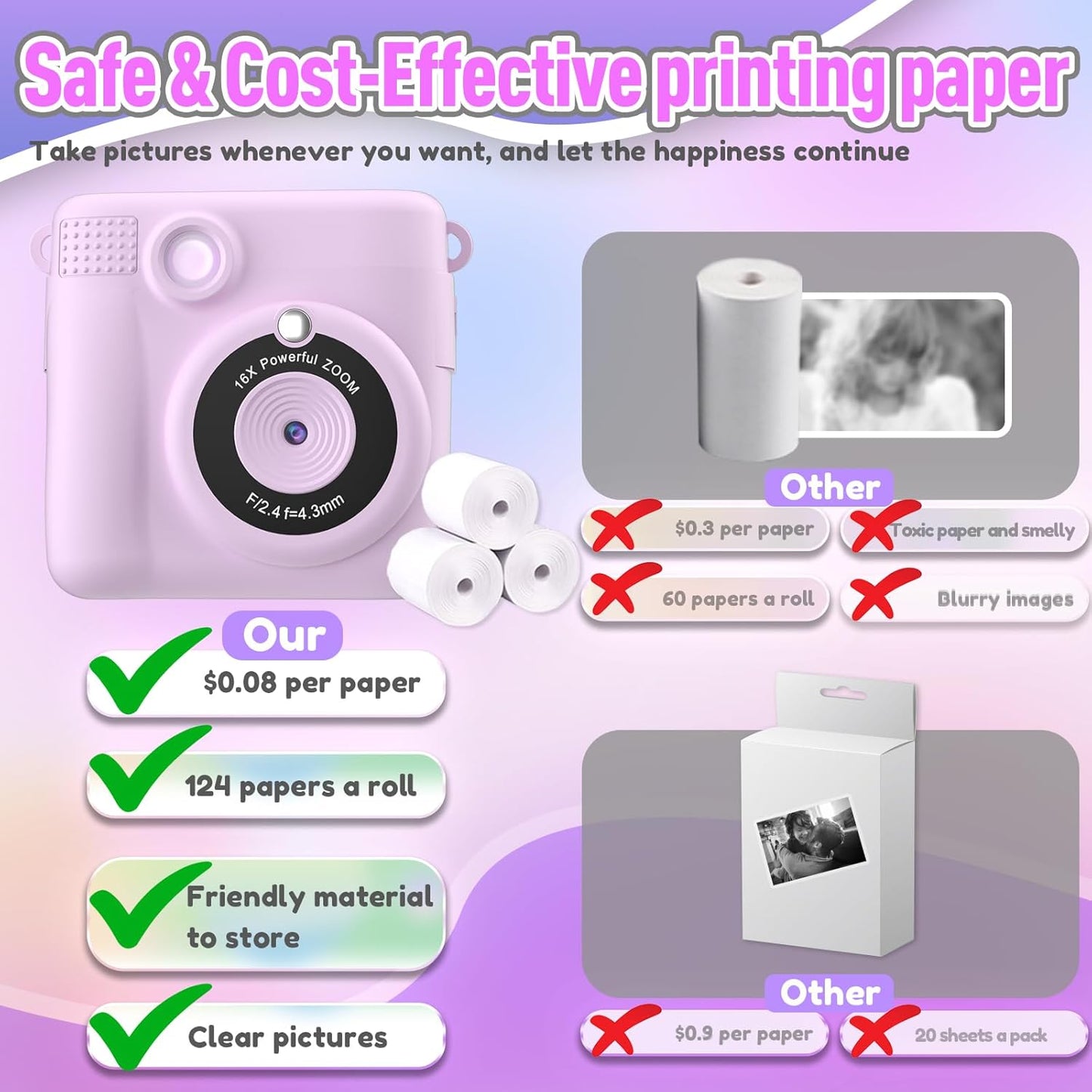 Instant Print Camera for Kids, Christmas Birthday Gifts for Girls Boys Age 3-12,Digital Kids Cameras for Toddler, Portable Toy for 3 4 5 6 7 8 9 10 Year Old Girl with 32GB SD Card-Purple