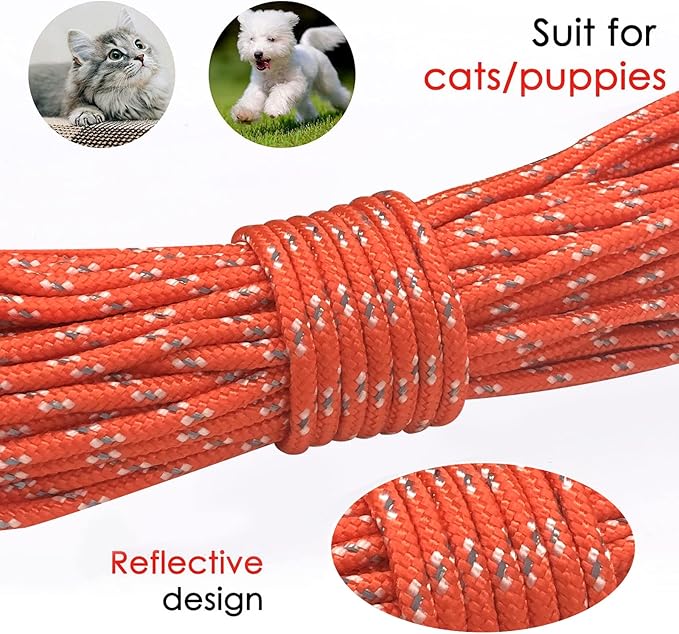 Rypet Reflective Cat Long Leash - 50 FT Escape Proof Walking Leads Yard Long Leash Durable Safe Personalized Extender Leashes Traning Play Outdoor for Kitten, Puppy, Rabbit and Small Animals