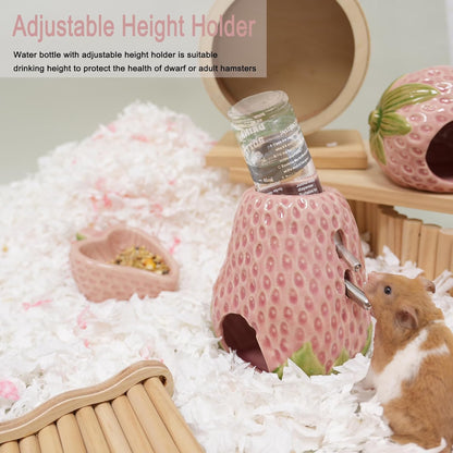 Hamster Water Bottle, Strawberry Ceramic Hamster Gerbil Water Bottle for Glass Tank, Dispenser, 80ML Bottle for Water Holder Stand with 2 No Drip Caps for Syrian Mice, Gerbil（Pink