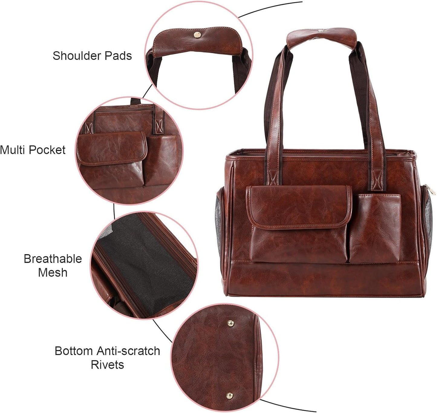 Dog Carrier Purse, Fashion Leather Pet Carrier Bag, Airline Approved Soft Sided Cat Travel Tote Bag with Pockets Coffee