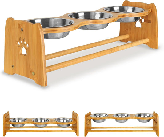 X-ZONE PET Elevated Dog Bowls for Cats and Dogs, Adjustable Bamboo Raised Bowls for Medium Dog, Food and Water Bowls Set Stand Feeder with 2 Stainless Steel Bowls Anti Slip Feet (Height 4.7" to 7")