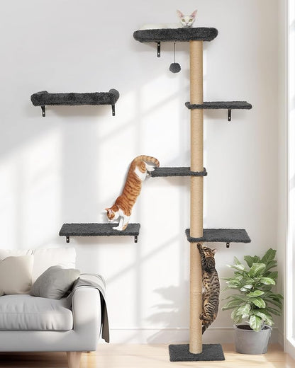 FUKUMARU Cat Wall Shelves, Stable Wall Mounted Cats Furniture Set, Kitten Scratching Post with Soft Cushion Perch, Space Saving Climbing Wall for 16 Inch Drywall - Gray