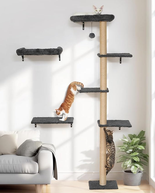 FUKUMARU Cat Wall Shelves, Stable Wall Mounted Cats Furniture Set, Kitten Scratching Post with Soft Cushion Perch, Space Saving Climbing Wall for 16 Inch Drywall - Gray
