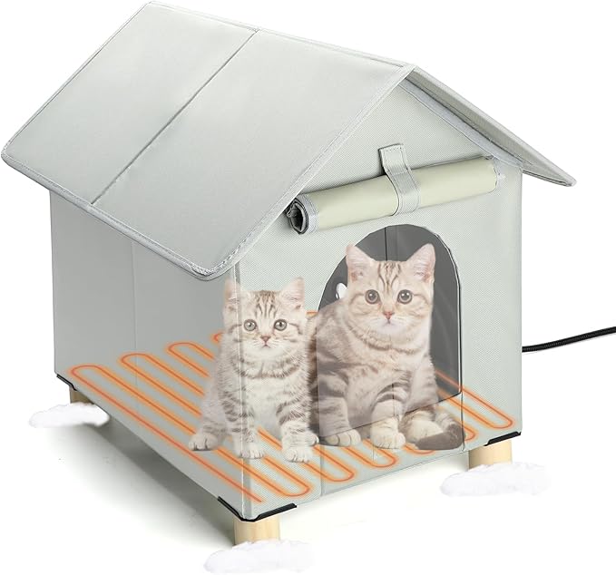BWOGUE Large Elevated Heated Cat House for Outdoor Cats in Winter, Waterproof & Insulated Feral Cat Shelter for Outside Cats,Weatherproof Feral Cat House for Outside(Large Grey)