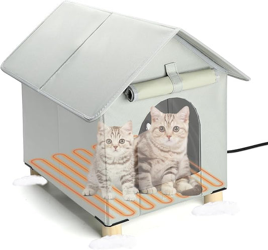BWOGUE Large Elevated Heated Cat House for Outdoor Cats in Winter, Waterproof & Insulated Feral Cat Shelter for Outside Cats,Weatherproof Feral Cat House for Outside(Large Grey)