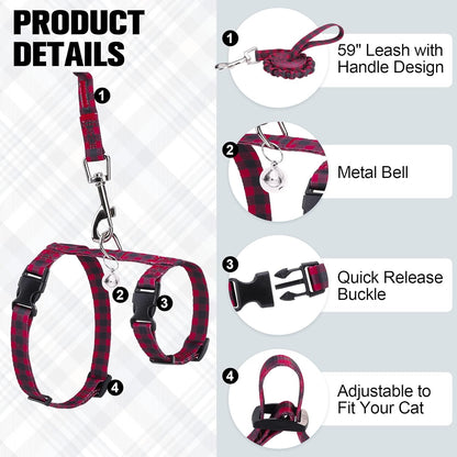BEAUTYZOO Cat Harness and Leash Set Escape Proof for Walking, Kitten Soft Adjustable Vest Harnesses for Small Medium Large Cats, Easy Control Breathable Plaid Ribbon Nylon for Outdoor Indoor Use