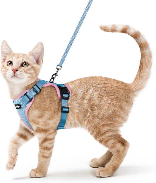 rabbitgoo Cat Harness and Leash for Walking, Escape Proof Soft Adjustable Vest Harnesses for Cats, Easy Control Breathable Reflective Strips Jacket, Light Blue&Pink, XS