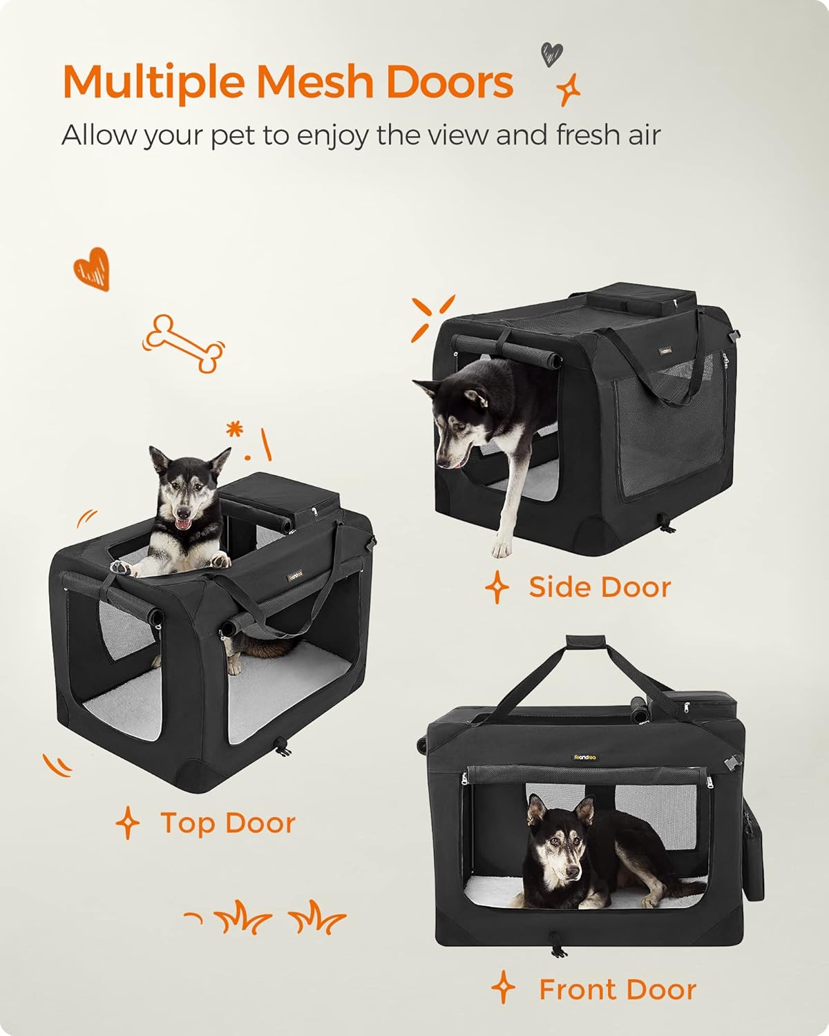 Feandrea 40 Inches Collapsible Soft Dog Crate, Portable Travel Dog Crate for Indoor and Outdoor Use, Dog Carrier Kennel with Safety Zippers, for Living Room, Car, Travelling, Camping, Black UPDC10H