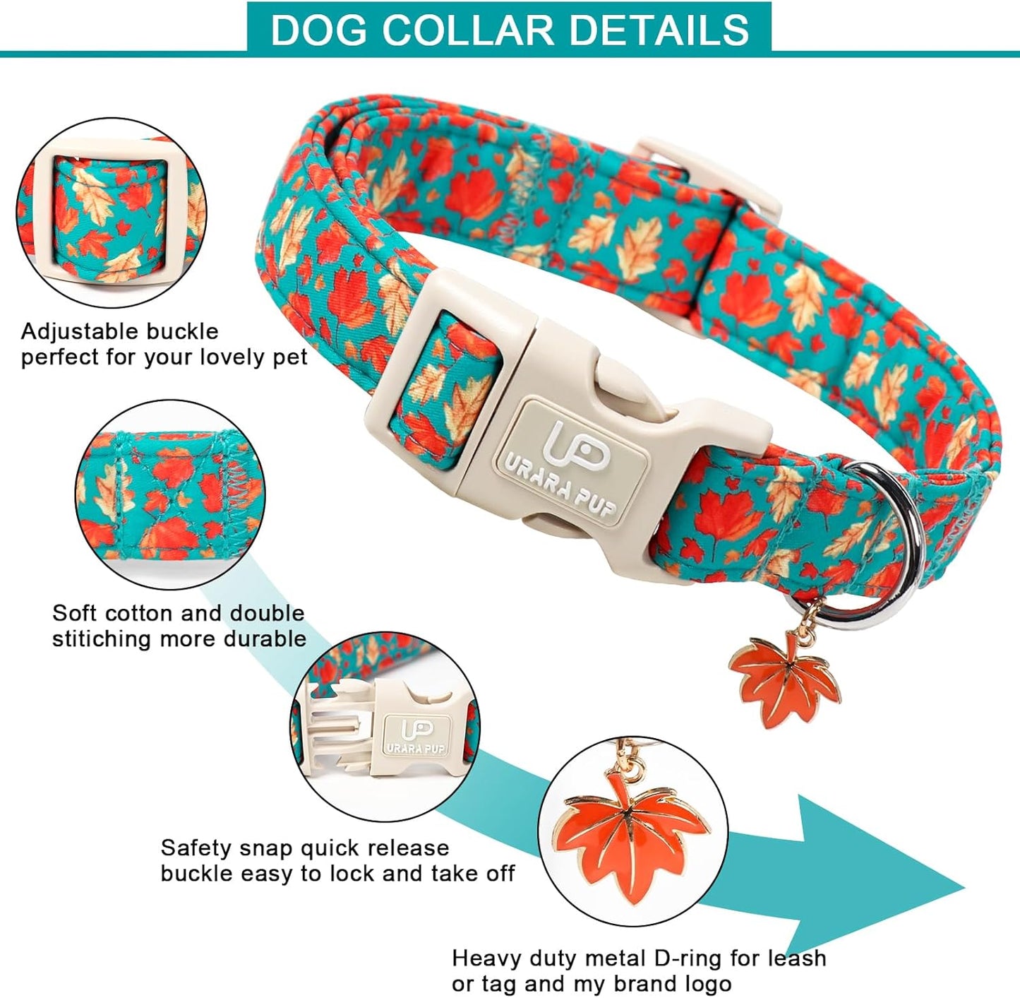 Fall Dog Collar for Small Medium Large Dogs-Adjustable Autumn Leaf Print Dog Collar with Maple Charm, Cute Seasonal Pet Collars with Quick Release, Soft Durable Puppy Collars