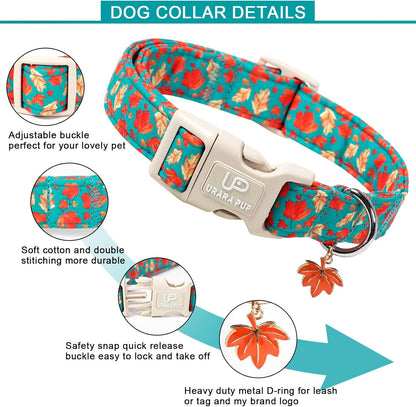 Fall Dog Collar for Small Medium Large Dogs-Adjustable Autumn Leaf Print Dog Collar with Maple Charm, Cute Seasonal Pet Collars with Quick Release, Soft Durable Puppy Collars