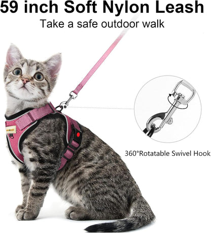 Cat Harness and Leash for Walking, Retractable Cat Harnesses and Leash Set Escape Proof, Breathable Soft Kitten Small Large Harness for Travel Training and Walking, Pink, M