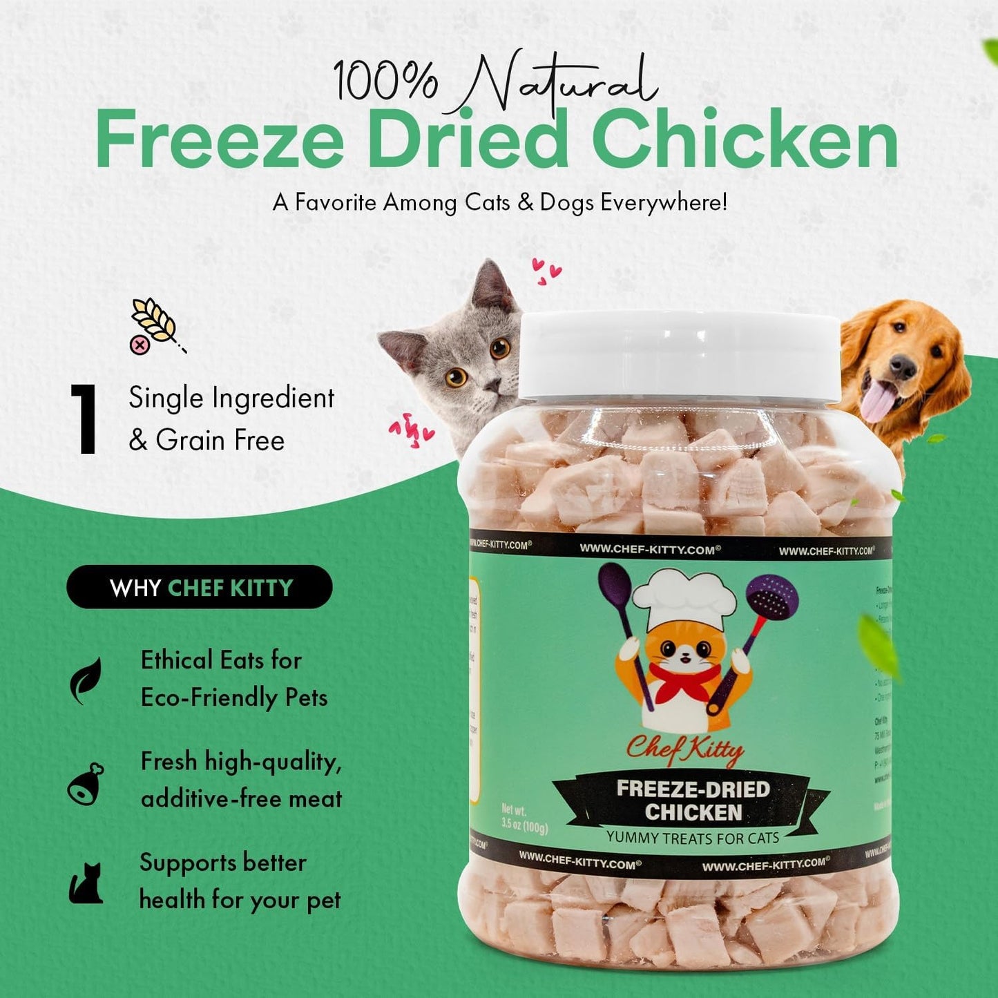 Freeze-Dried Chicken Treats for Cats & Dogs – 100% Human Grade, Single Ingredient, High-Protein, Healthy Snack – No Additives or Preservatives – 3.5oz - Inspected & Tested in USA