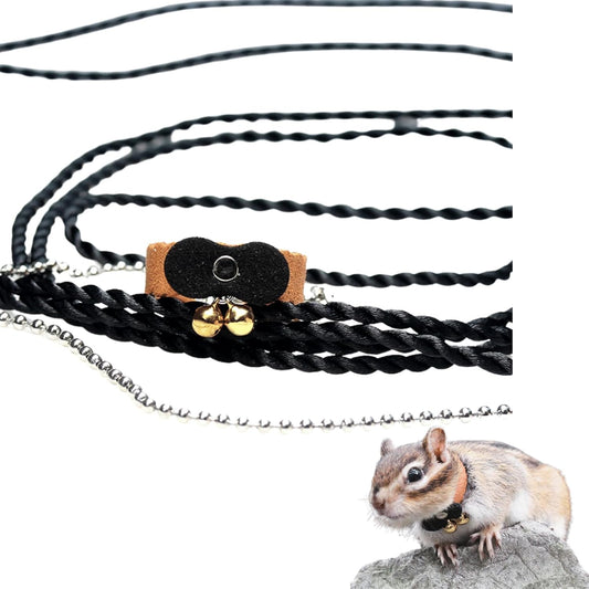 Squirrel Chipmunk Traction Rope Strap Anti-Biting Chain Rope, Small Animal Walking Collar Harness with Lead Leash for Hamster Gerbil Rat Mouse Ferret Chinchilla (Black with Yellow)