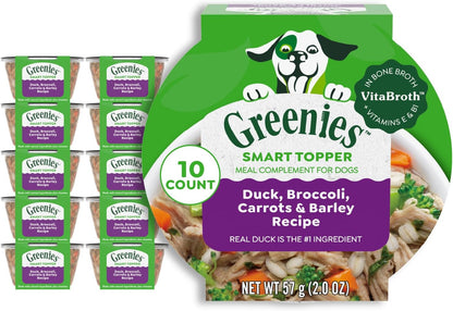 Greenies Smart Topper High Protein Wet Mix-in for Dogs, Duck, Broccoli, Carrots & Barley Recipe in Vitabroth Broth - Bone Broth + Vitamins E & B1, 10 Count