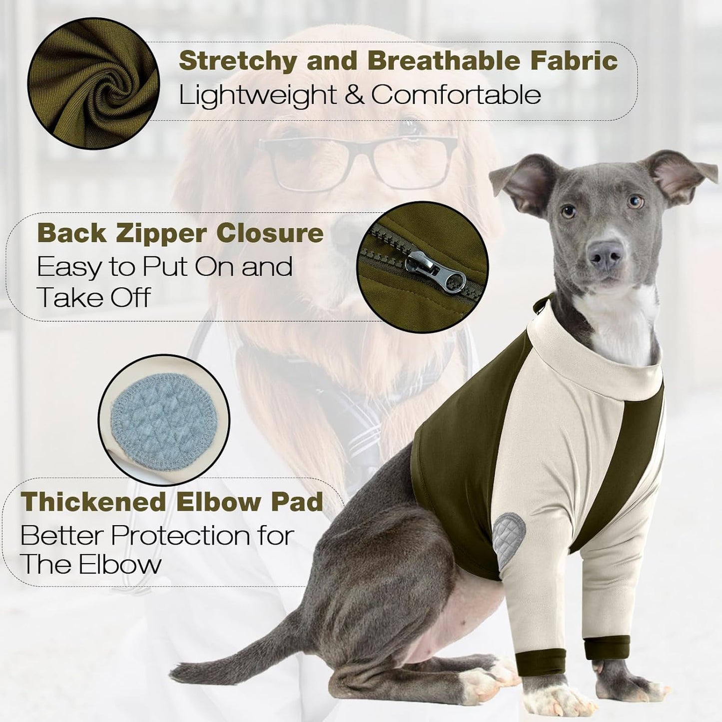 LeLePet Dog Recovery Suit for Front Legs, Dog Sleeve to Stop Licking, Elbow Protector for Leg Injuries Shoulder Wounds After Surgery Male Female,Zippered Long-Sleeved Shirt Cone Alternative(S-3XL)