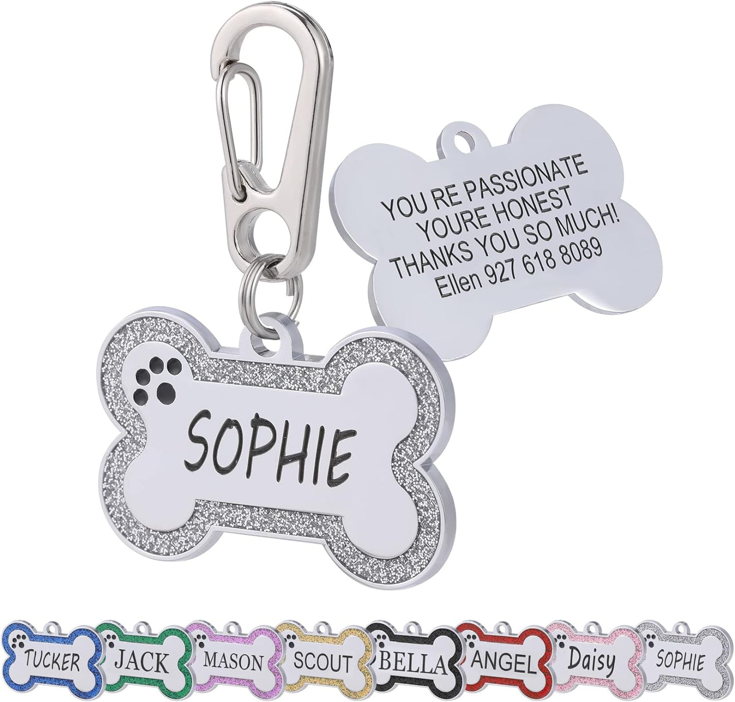 Personalized Stainless Steel Pet ID Tags with Glittery Bone Design - DEEP Engraved Dog Tags Engraved for Pets Customized with 5 Lines Dogs and Cats Pets